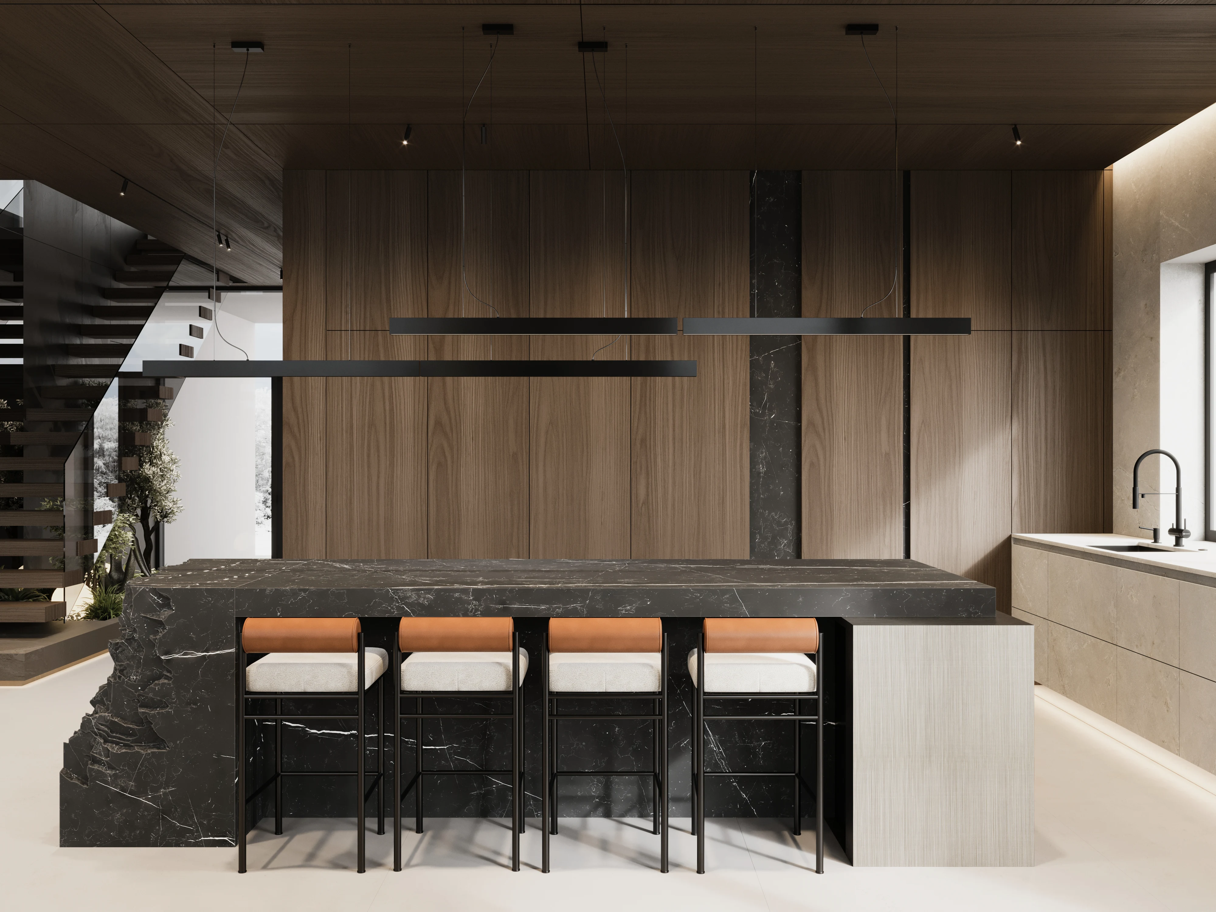 Kitchen with island and lighting — Warsaw apartment project