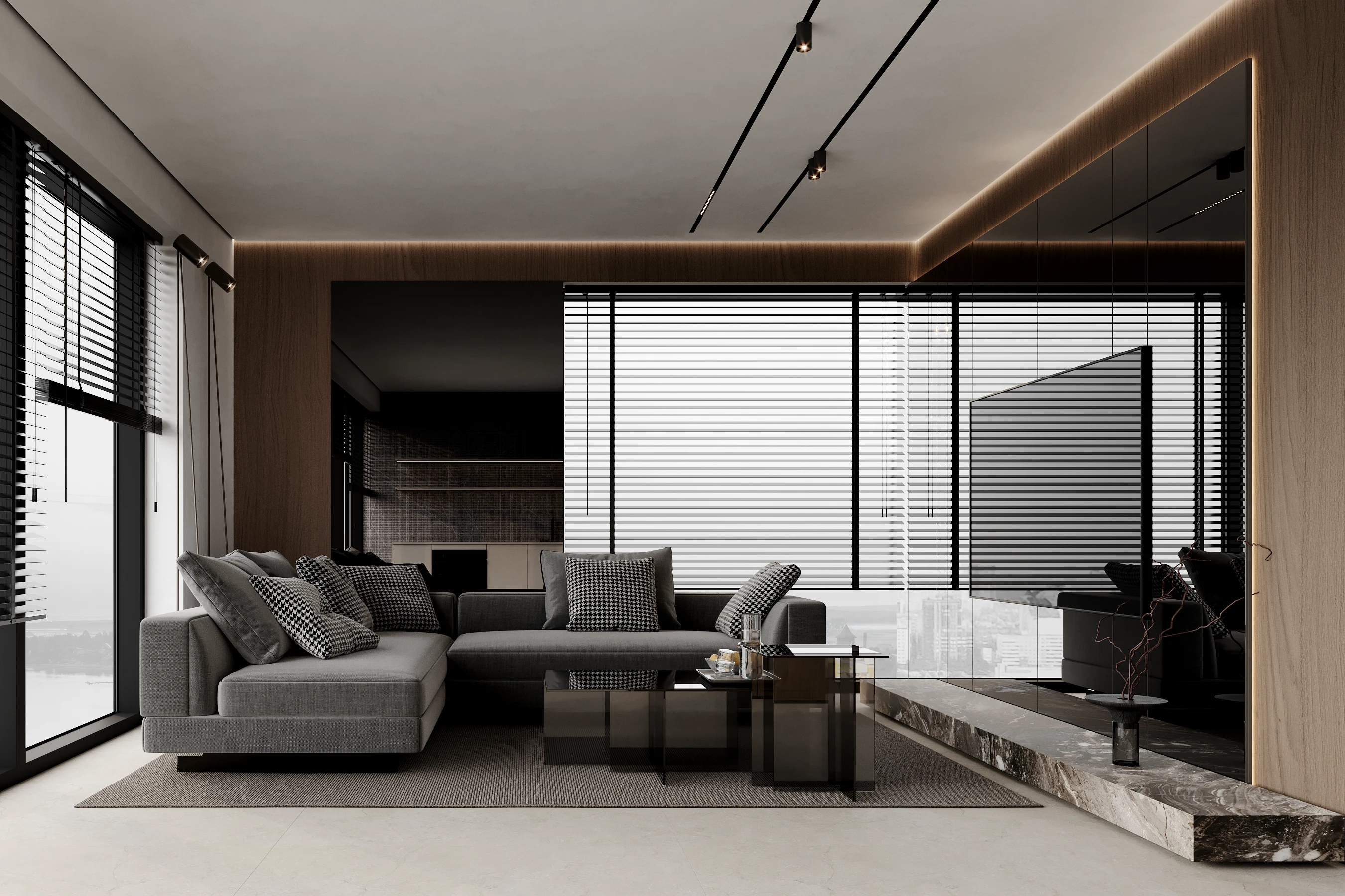 Living room with large glazing — single-family house project