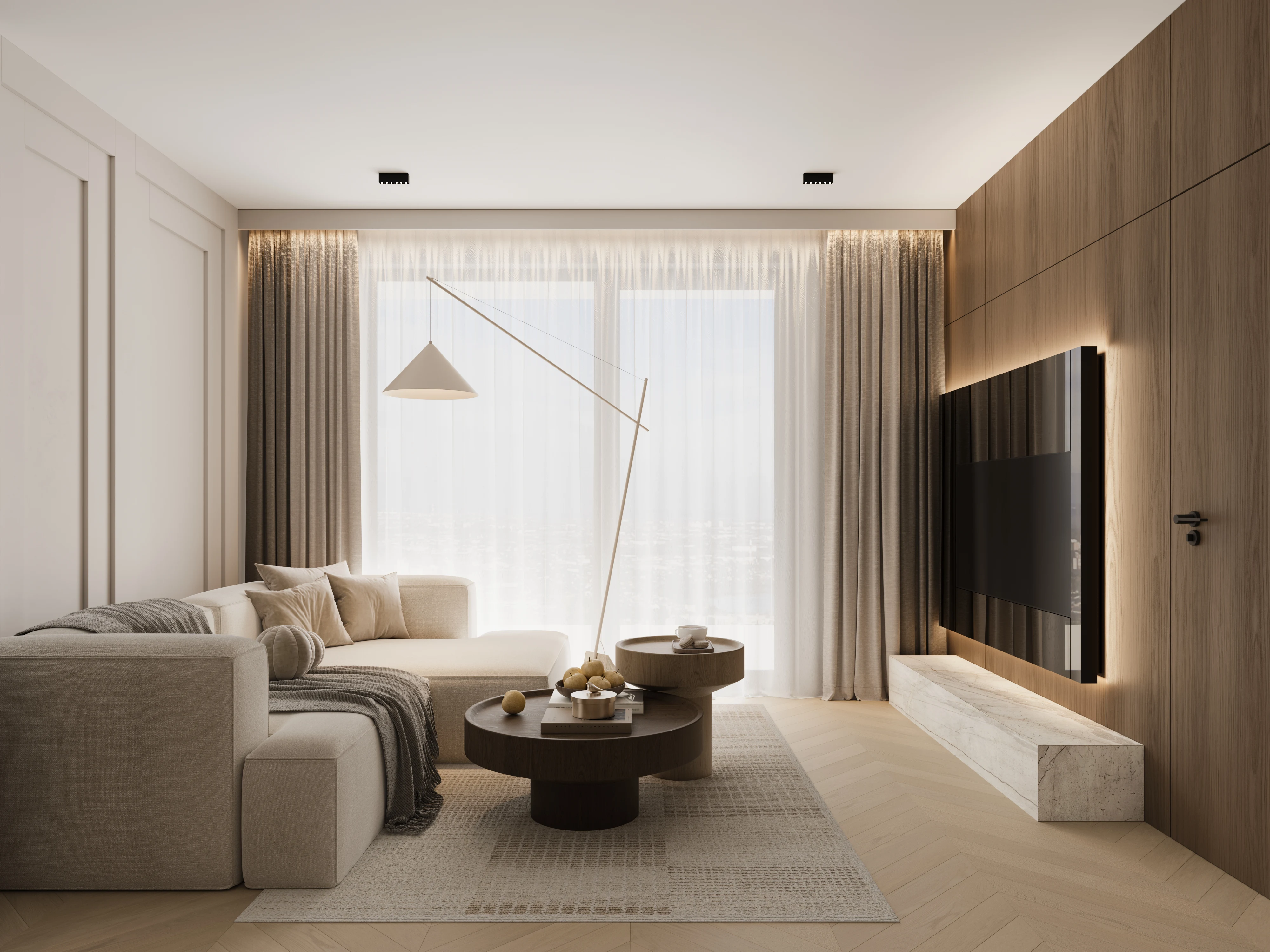 Living room with slat wall and TV zone